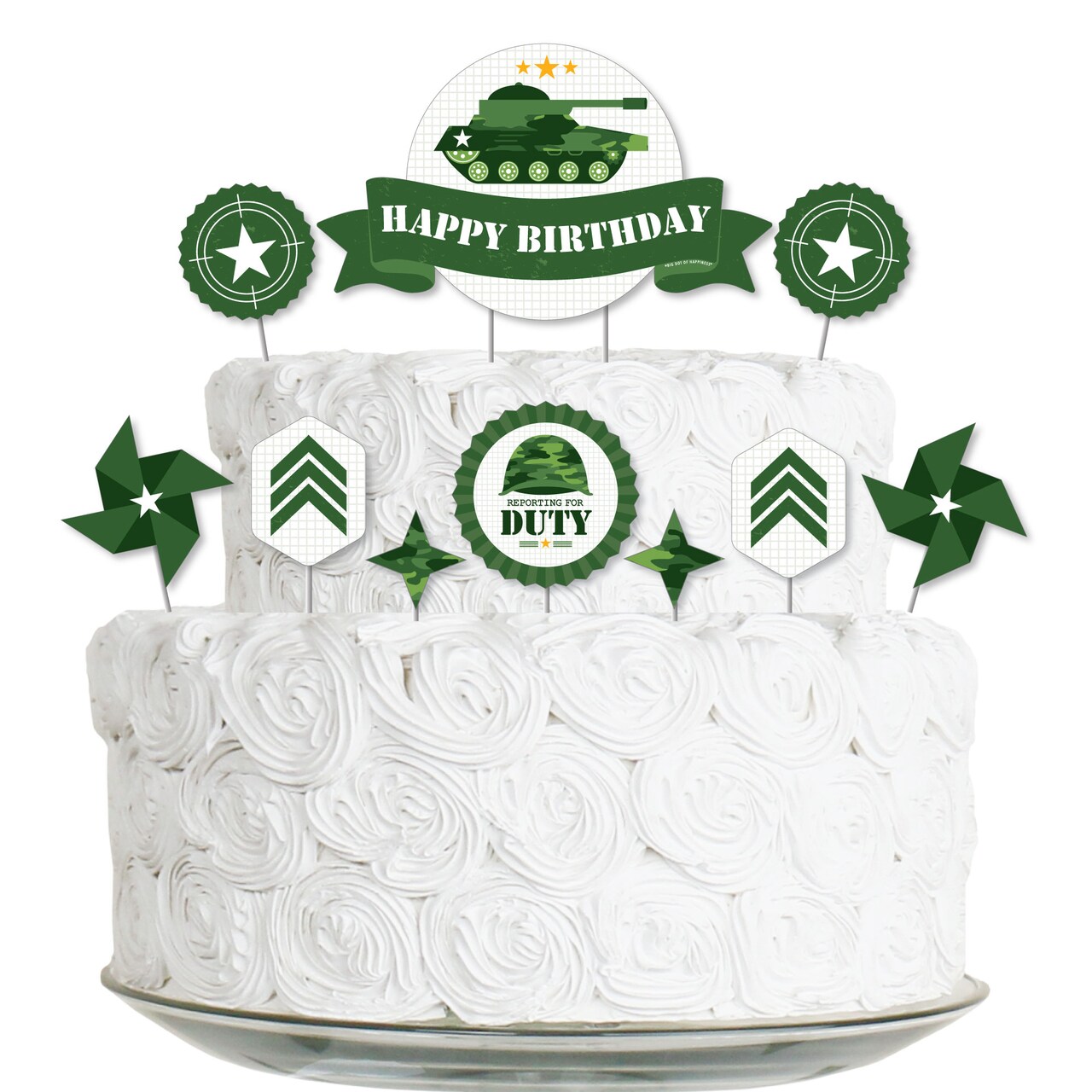 Big Dot of Happiness Camo Hero - Army Military Camouflage Birthday Party Cake Decorating Kit - Happy Birthday Cake Topper Set - 11 Pieces